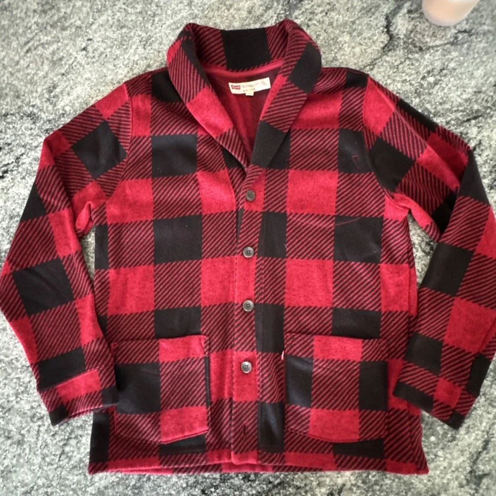 Levi's Buffalo Plaid Cardigan Mens L Red Black Excellent Shawl Collar Knit #927